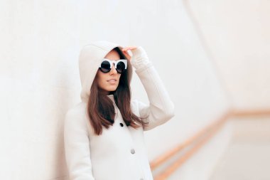 Serin kentsel moda Kapşonlu kız açık havada güneş gözlüklü