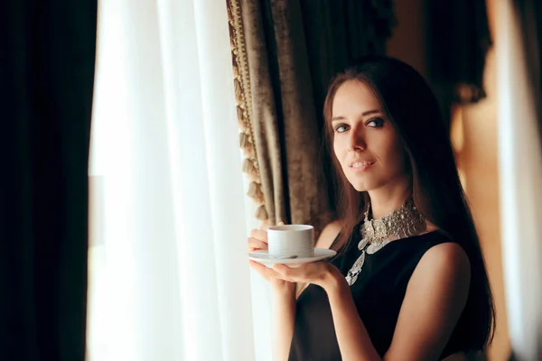 Beautiful Elegant Woman Coffee Cup Window — Stock Photo, Image