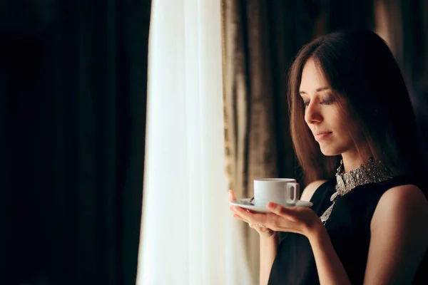 Beautiful Elegant Woman Coffee Cup Window — Stock Photo, Image