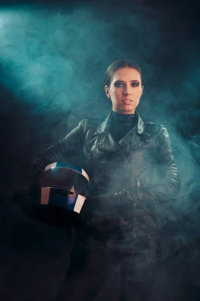 Biker Woman Helmet Leather Outfit Portrait — Stock Photo, Image