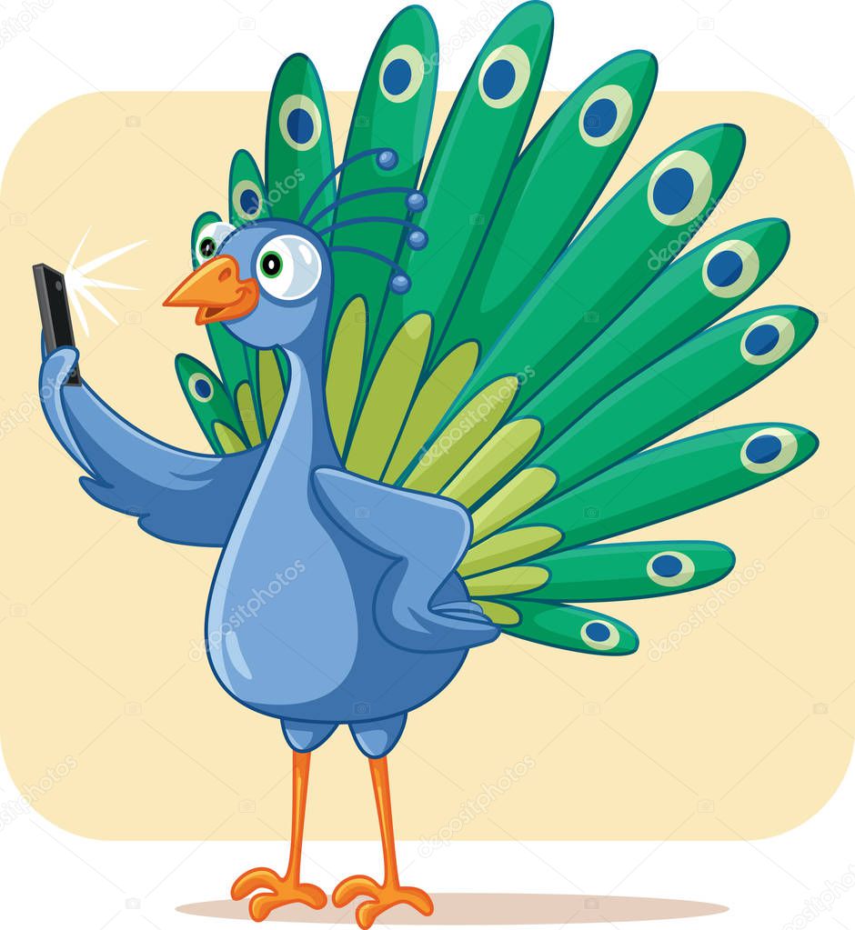 Narcissistic Peacock Taking a Selfie Vector Cartoon
