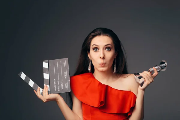 Happy Actress Holding Cinema Clapboard Prêmio Especial — Fotografia de Stock