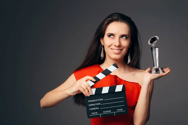 Happy Actress Holding Cinema Clapboard Prix Spécial — Photo