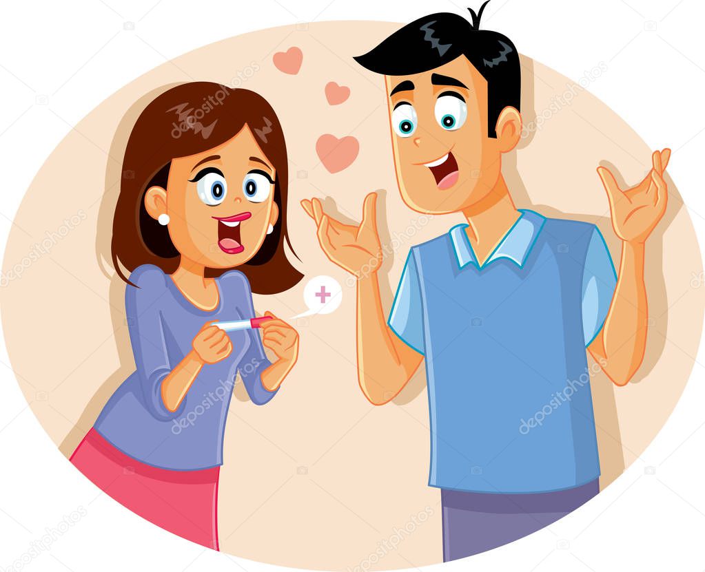 Young Couple with Positive Pregnancy Test Cartoon Illustration