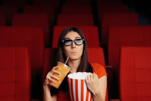 Funny Girl Popcorn Watching Movie Cinema Theatre — Stock Photo, Image