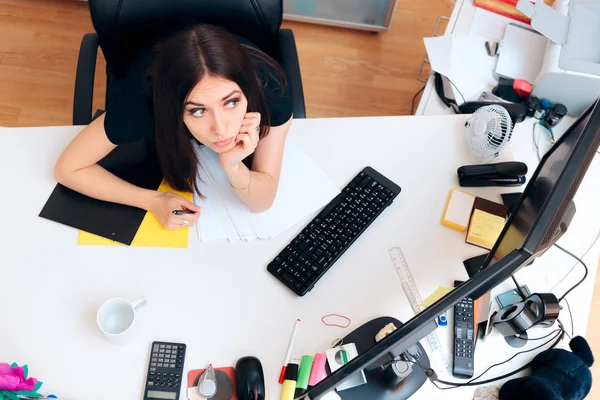 Tired Girl Sitting Messy Desk Working Overtime — Stock Photo, Image