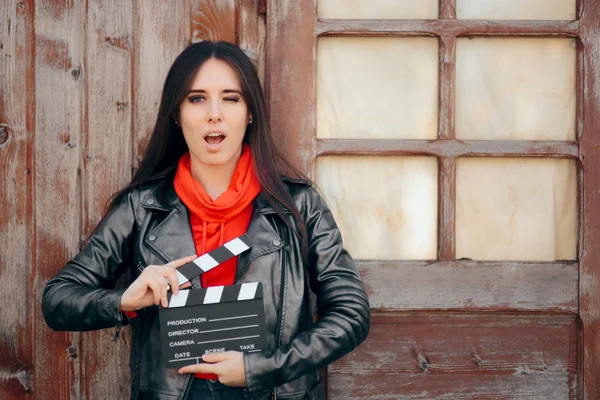 Young Actress Holding Cinema Board Waiting Film — Stok Foto