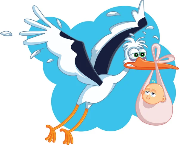 Cegonha Cansada Com Baby Flying Vector Cartoon —  Vetores de Stock