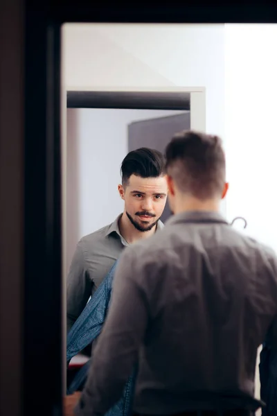 Man Looking Mirror Choosing What Wear — Stock Photo, Image