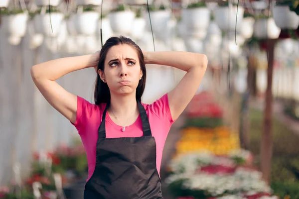 Tired Female Worker Floral Greenhouse Feeling Overwhelmed — Stock Photo, Image