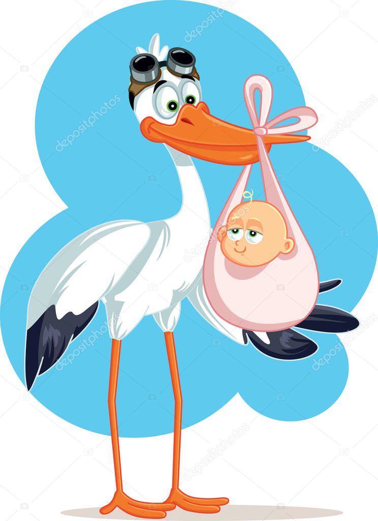 Stork Carrying a Cute Baby  Girl in a Bag