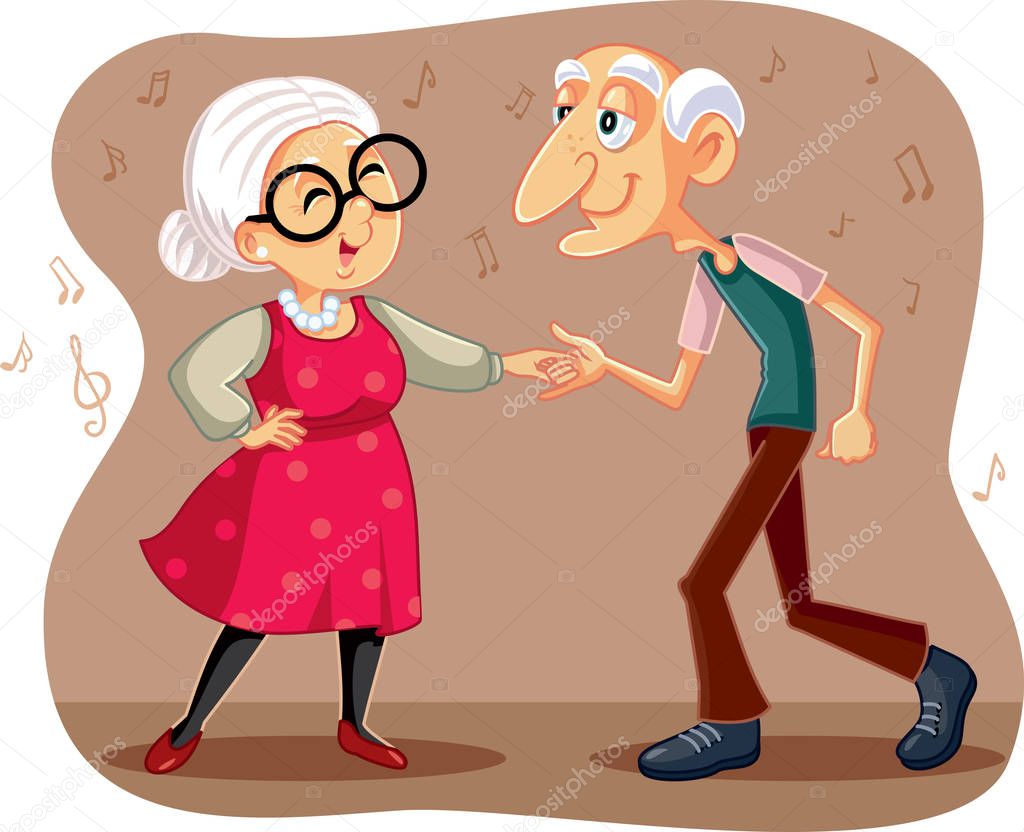Funny  Elderly Couple Dancing Vector Cartoon