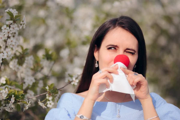 Funny Girl Red Nose Spring Allergies — Stock Photo, Image