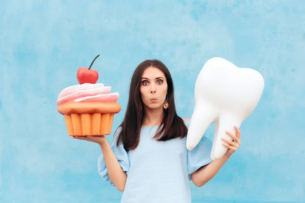 Funny Woman Holding Big Cupcake Tooth — Stok Foto