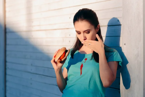 Clumsy Woman Staining Her Shirt Ketchup Sauce — Stock Photo, Image