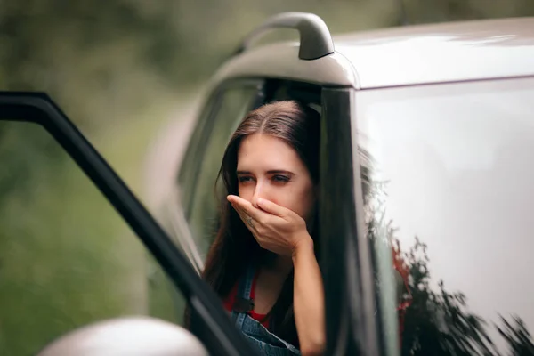 Voiture Malade Voyage Femme Avec Des Symptômes Maladie Mouvement — Photo