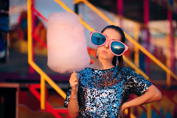 Woman Holding Cotton Candy Dessert Amusement Park — Stock Photo, Image