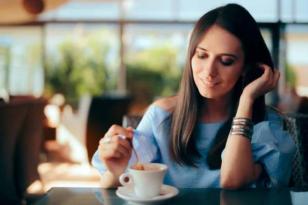 Woman Drinking Coffee Herself Restaurant — Stok fotoğraf