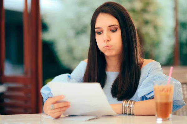 Worried Woman Receiving Documents Envelope — Stok fotoğraf