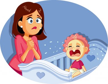 Endişeli Anne Vektör İllüstrasyon Yanında Bebek Ağlama