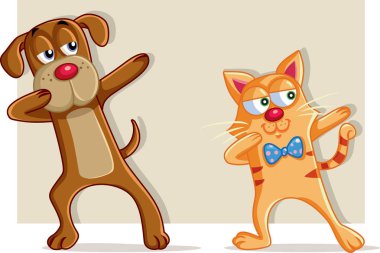 Komik Kedi ve Köpek Dabbing Karikatür Vektör 