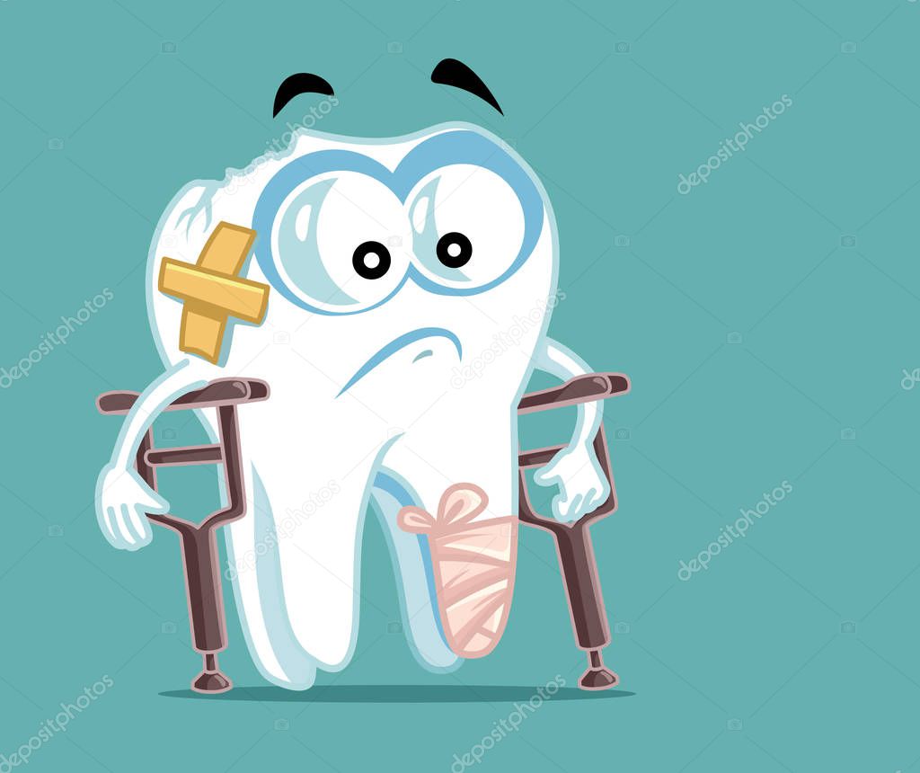 Sick Broken Tooth in Crutches - Chipped molar cartoon vector character