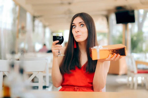 Party Woman Gift Box Wine Glass Celebrating — Stock Photo, Image