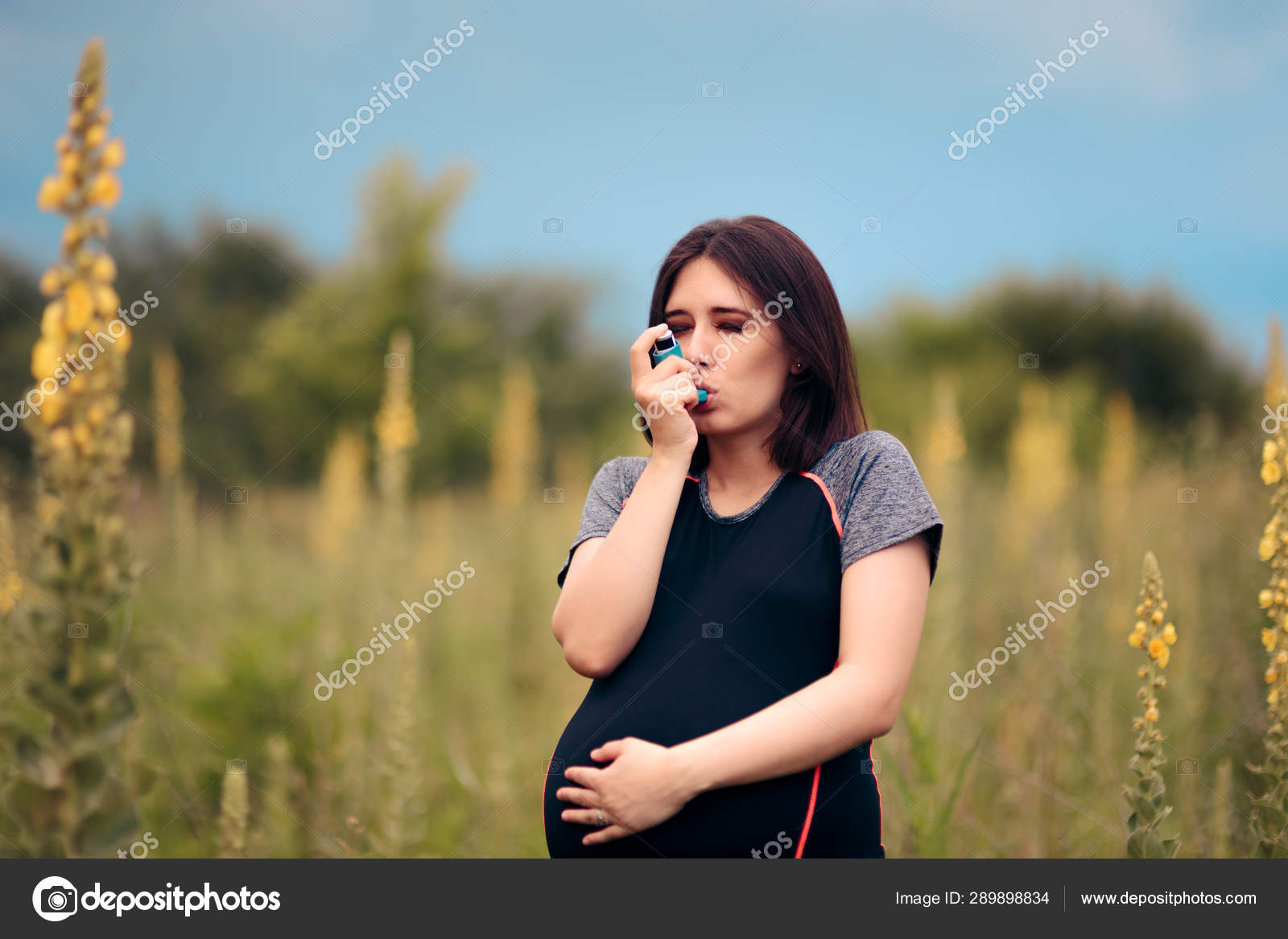 Pregnant Woman Asthma Inhaler Having Crisis Stock Photo by
