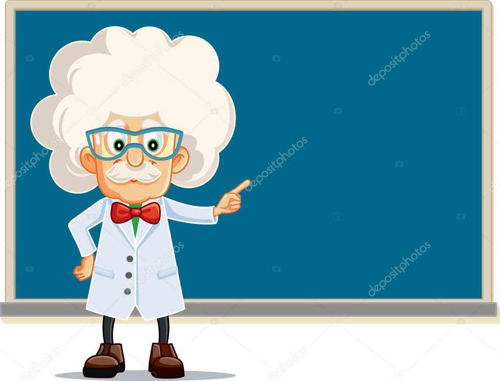 Funny Professor Pointing to Blackboard Vector Cartoon