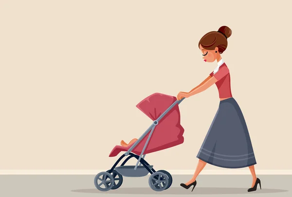 Junge Mutter Schiebt Kinderwagen Vektor Illustration — Stockvektor