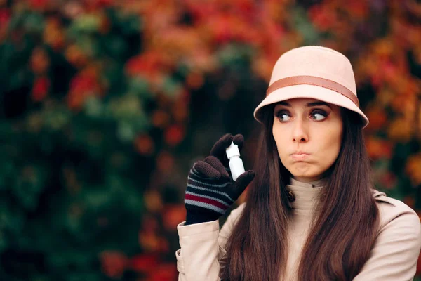 Woman Nasal Spray Fighting Cold Autumn Season — Stock Photo, Image