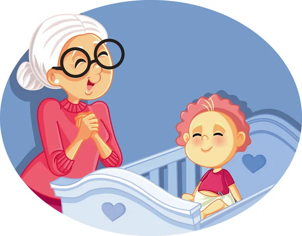 Happy Grandmother Babysitting Cute Baby Vector Cartoon - Stok Vektor