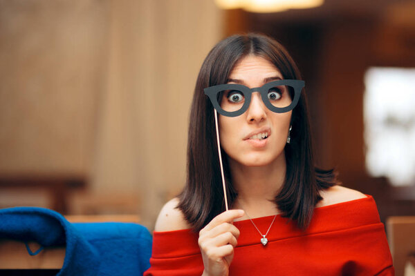 Funny Woman Wearing Party Mask Accessory