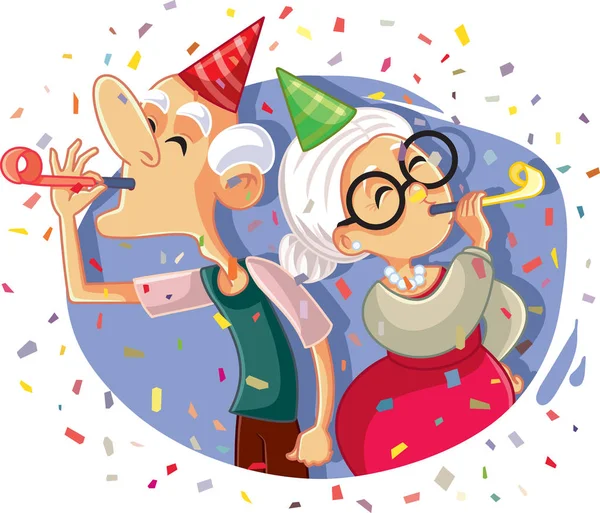 Happy Senior Couple Met Party Whistles Confetti — Stockvector