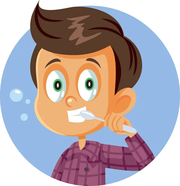 Menino Escovando Seus Dentes Vector Cartoon — Vetor de Stock