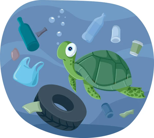 Sköldpadda Simning Förorenad Ocean Vector Illustration — Stock vektor