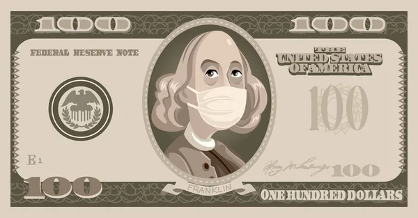 Honderd Dollar Biljet Met Benjamin Franklin Die Een Chirurgisch Masker — Stockvector