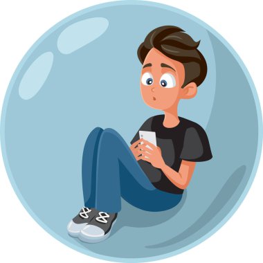 Teen Boy Checking Smartphone Living in a Bubble clipart