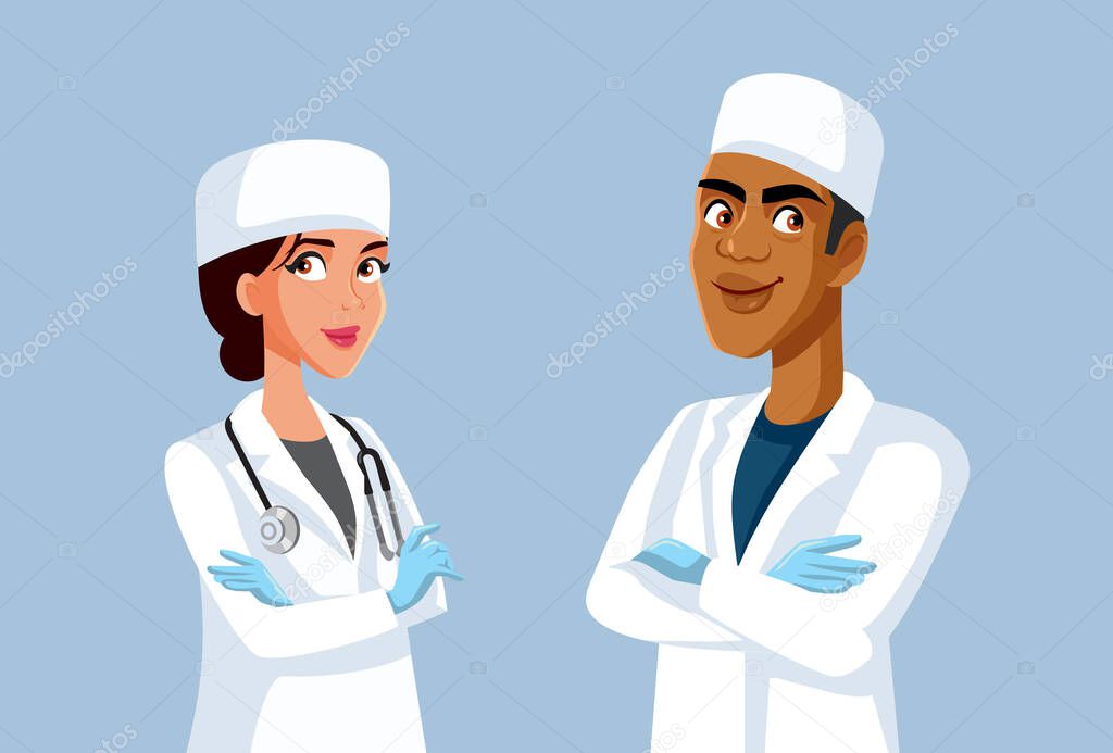 Team Of Smiling MD Doctors Vector Cartoon Illustration
