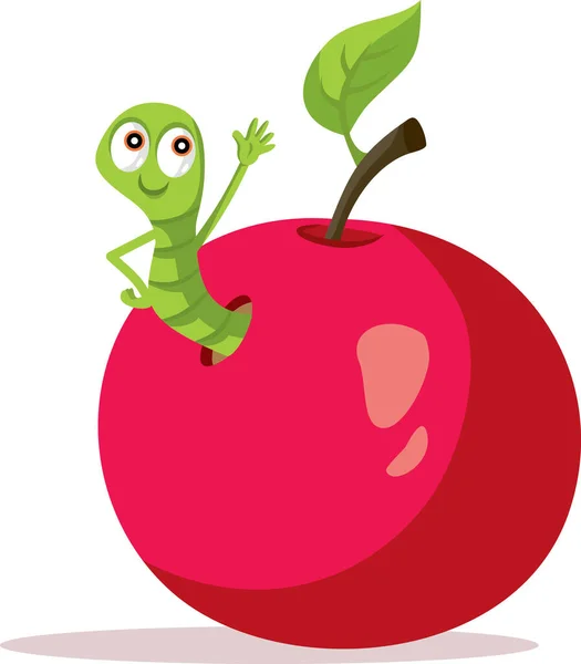 Happy Worm Waving Apple Home Cartoon — Stock Vector