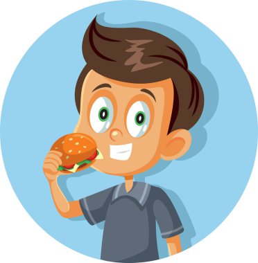 Mutlu Çocuk Hamburger Vektörü Çizgi Filmi Yiyor