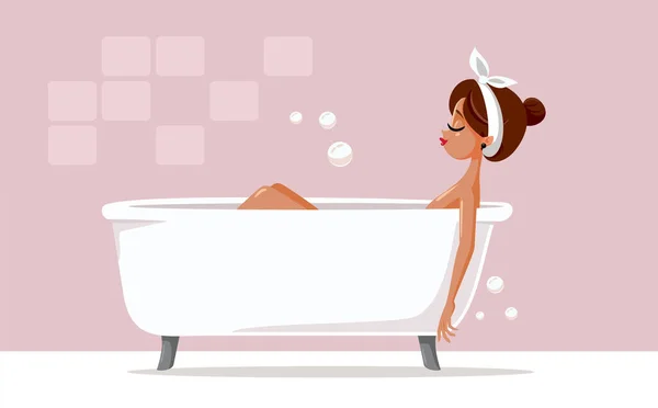 Küvette Dinlenen Uzun Bir Banyo Yapan Kadın — Stok Vektör