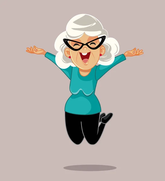Happy Senior Woman Jumping Excitement Vector Cartoon — Stock Vector
