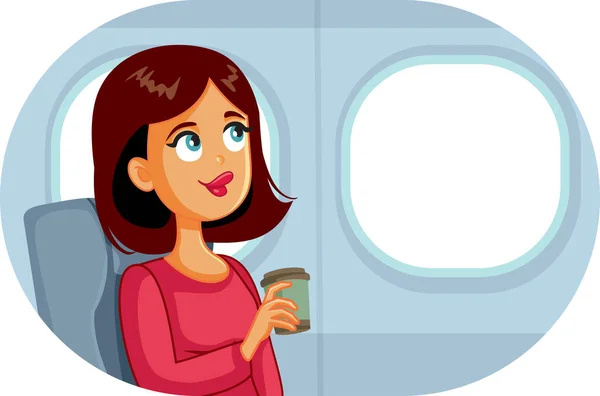 Woman Travelling Plane Drinking Coffee Vector Cartoon — Stock Vector