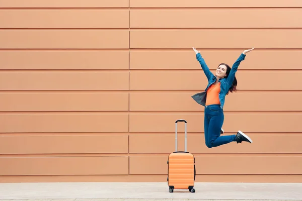 Happy Travel Woman Jumping Joy — Stock Photo, Image