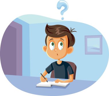 School Boy Having Questions Doing Homework Vector Cartoon clipart