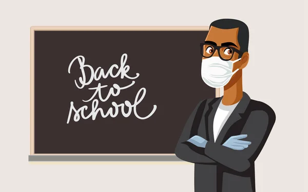 Muž Učitel Maskou Rukavicemi Pro Znovuotevření Školy — Stockový vektor