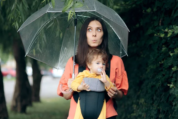 Funny Mom Holding Umbrella Walking Baby Raining Day