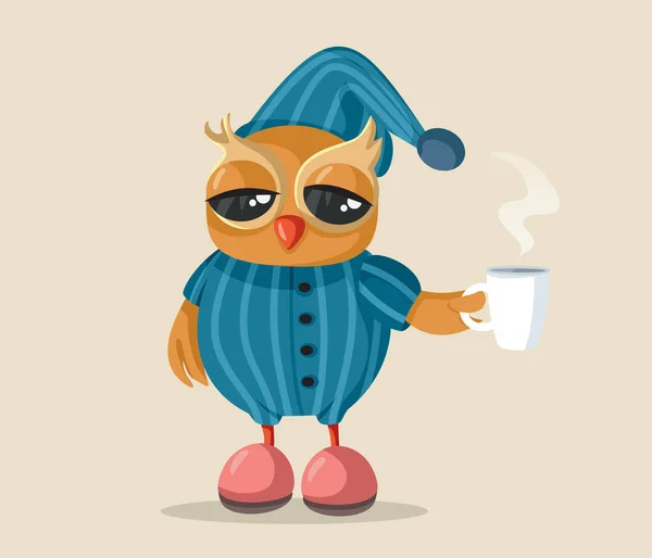 スリーピーフクロウ身に着けているパジャマホールディングコーヒーマグカップベクトル漫画 — ストックベクタ