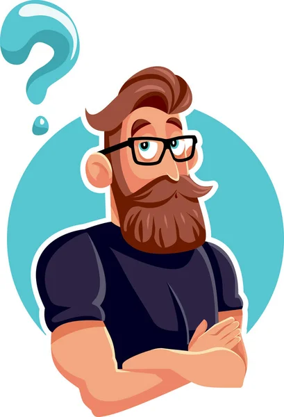 Pensando Hipster Barbuto Uomo Con Domanda Mark Vector Cartoon — Vettoriale Stock